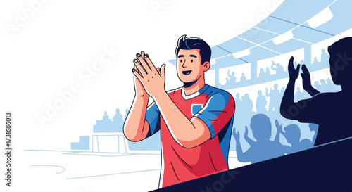Enthusiastic football supporter in stadium clapping for his team, full of energy and anticipation, celebrating