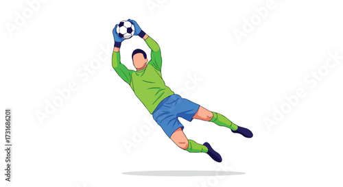 Dynamic goalkeeper making a crucial save, demonstrating agility and focus on a clean white backdrop illustration