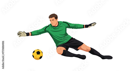 Dynamic goalkeeper illustration diving to intercept the approaching soccer ball with outstretched arms and determined focus on a white background