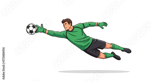 Goalkeeper dives to stop the soccer ball, showcasing athleticism and precision in sports action with a determined expression during a game