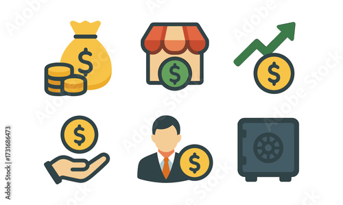 Finance and business icons set featuring money, savings, and growth symbols