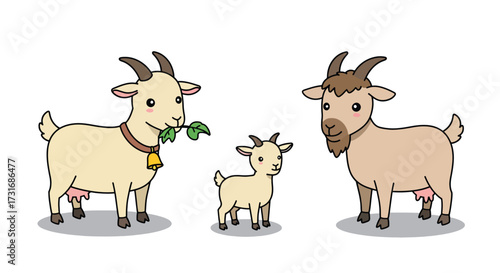 A charming cartoon illustration of a goat family including a billy goat a nanny goat with a bell and a small kid.