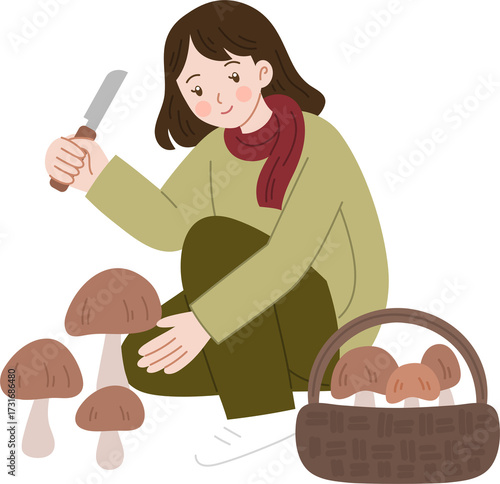 Fotografie girl harvesting wild mushroom