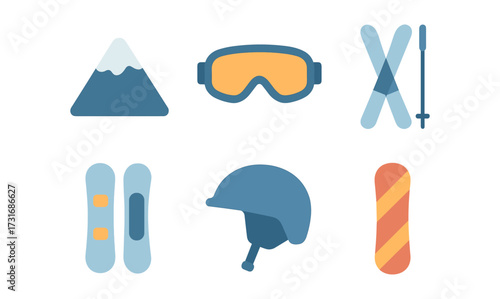 Winter sports equipment icons set featuring skiing and snowboarding gear in flat design