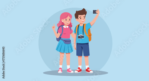 A young cartoon tourist couple with backpacks and a camera taking a selfie with a smartphone.