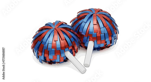 Vibrant cheerleading pompoms, red and blue color, celebrating team spirit