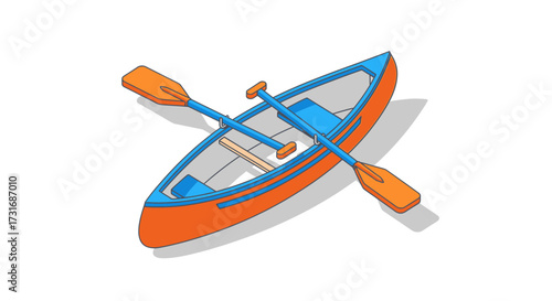 Vibrant isometric illustration of an orange and blue canoe boat