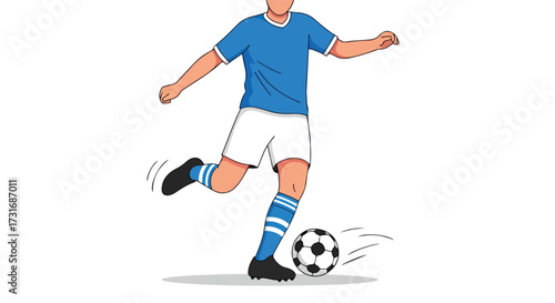 Dynamic cartoon illustration showcasing a soccer player in action striking the ball with power and focus on a clean white backdrop