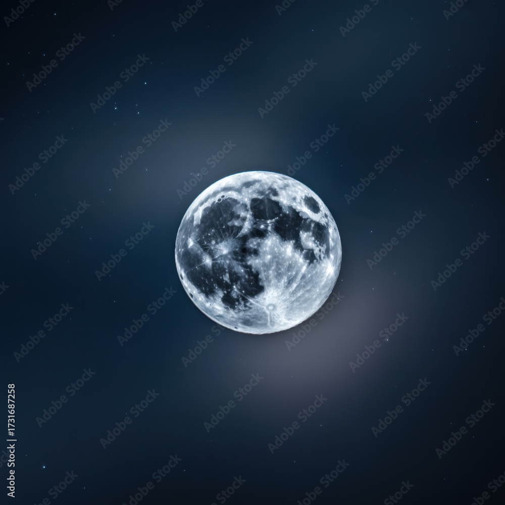 Obraz premium Detailed full moon with visible craters and textures, set against a dark blue night sky dotted with faint stars, creating a serene lunar scene
