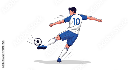 Dynamic illustration featuring a soccer player in mid-kick, showcasing athleticism and power with a crisp white background and streamlined style