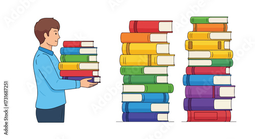 Illustration depicting a student carrying a stack of colorful books next to two larger book piles representing knowledge acquisition