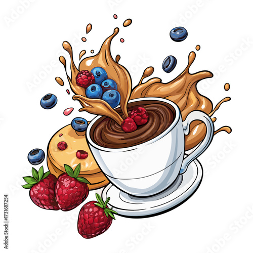 Splash of Chocolate Coffee with Fresh Berries and Cookies.