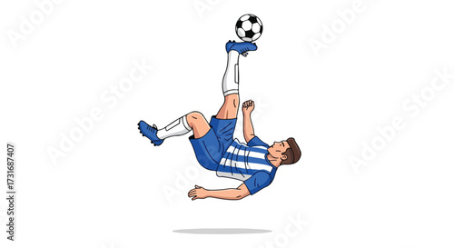 Dynamic soccer player performing a bicycle kick with exceptional skill and athletic precision, showcasing the excitement of the sport
