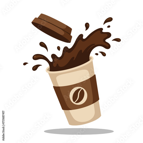 Cartoon Coffee Cup with Spilled Coffee and Lid.