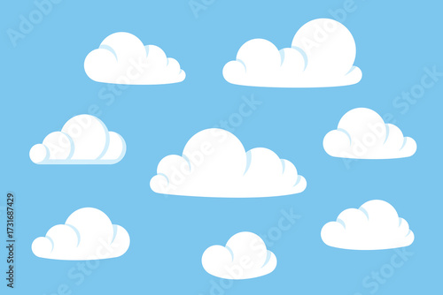 Set of white cloud icons on a blue background. Cloud shapes vary in size and form.