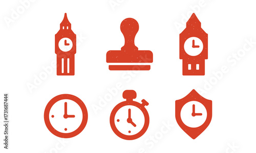Red grunge clock and timer icons collection with rustic style