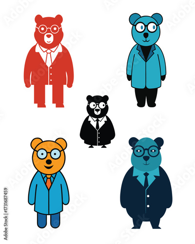Five anthropomorphic bears wearing suits and glasses.