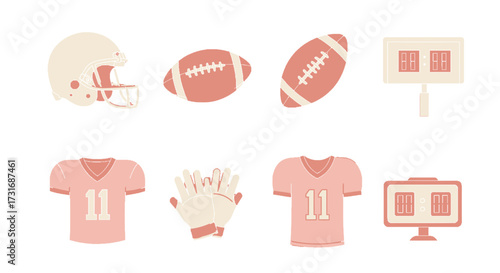 American football gear and equipment, including helmet, ball, uniform, gloves and scoreboard, showcasing the spirit of the game with a minimalist design