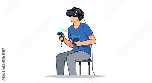 A young man immersed in virtual reality with headset and controllers enhancing digital experiences visual illustration