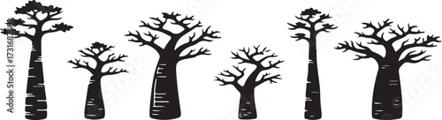 Silhouette of Baobab Trees: A minimalist silhouette depicts a series of distinctive Baobab trees, their unique shapes and stark forms a testament to the enduring beauty of the natural world.