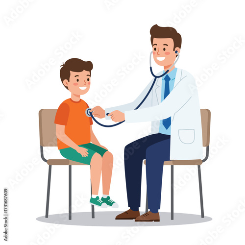 Cartoon illustration of a smiling pediatrician examining a happy child patient with a stethoscope.