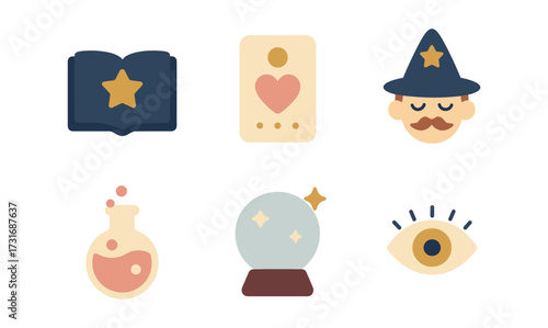 Flat style magical icons: wizard hat, crystal ball, spellbook, potion, tarot, eye