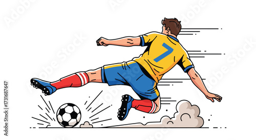 Dynamic soccer player striking the ball with forceful kick in an illustrated athletic action moment showcased through bold lines and vibrant color