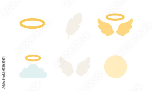 Minimalist angel icons with wings, halo, and feather elements on white background