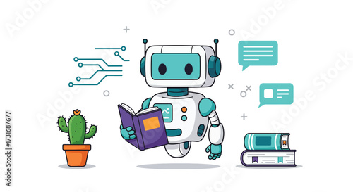 Cartoon Robot Reading Book with Turquoise and White Design.