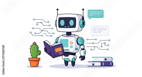 Cartoon Robot Reading a Book with Cactus and Stack of Books.