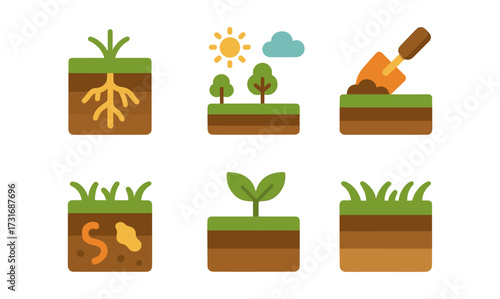 Flat icons of gardening elements with soil and plant growth stages