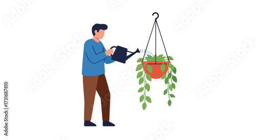 Illustration depicting a man watering a hanging plant, emphasizing themes of care, home gardening, and the act of nurturing indoor greenery and