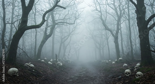 Spooky foggy forest scene with scattered skulls and bare trees