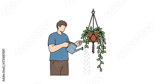 Person nurturing a hanging plant with watering can displaying domestic care and gardening routine showcasing indoor cultivation and home tending