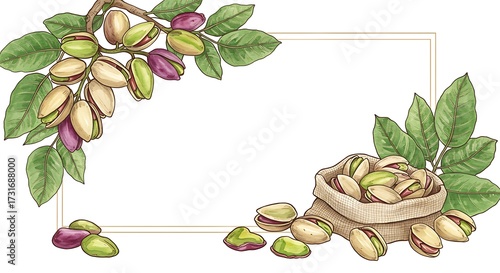 Watercolor illustration of pistachios branches and a sack with copy space