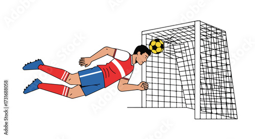 Dynamic soccer header: A cartoon illustration of a player scoring with a headshot in the goal area in a white space background showing the