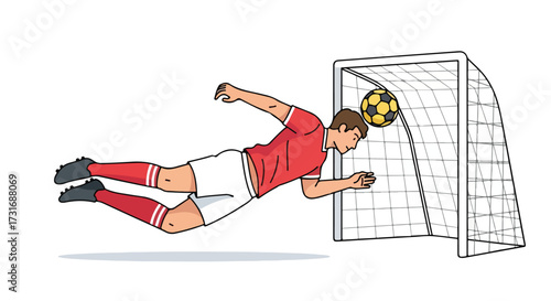 Dynamic cartoon illustration depicting a soccer player heading the ball towards the goal for score in stadium, generating excitement and energy for