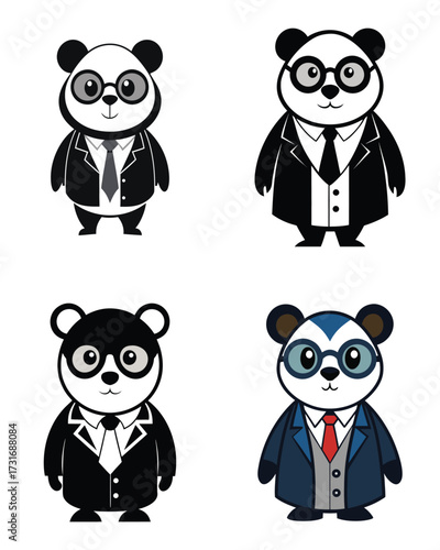 Four Cartoon Pandas Wearing Suits and Glasses