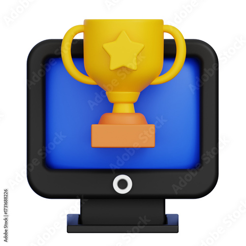 Golden Trophy Cup on a Black Computer Monitor Display with Blue Screen in a 3D Rendering Illustration Against a Transparent Background