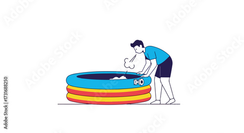 Exhausted Man Inflating a Colorful Inflatable Swimming Pool for Summer Fun and Relaxation in the Sun Filled Leisure Activity