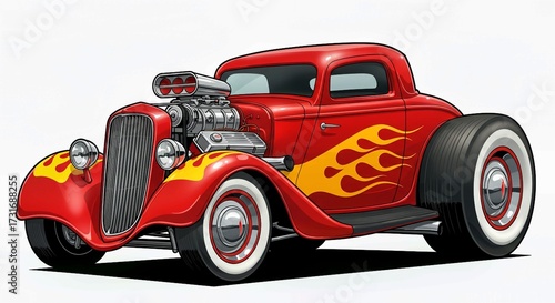 red retro car, 2D car illustration of a hot rod car with flames painted on the sides, fast and classic, white background