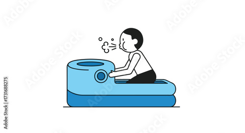 Blowing up inflatable pool with mouth power illustration, showing childhood, fun, and summer preparation for recreation in the water with cheerful