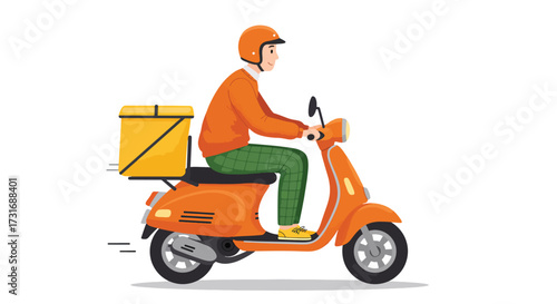 Delivery person riding an orange scooter with a yellow insulated box.
