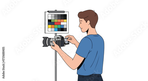 Photographer using a color checker tool with a dslr camera to calibrate color and exposure for a photo shoot or video production