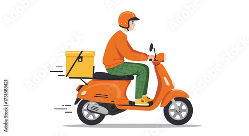 Delivery Person Riding Orange Scooter with Yellow Box.