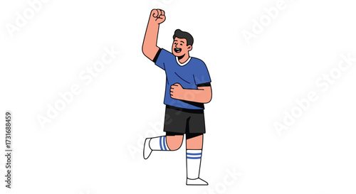 Joyful soccer player celebrates victory with raised fist wearing blue jersey and sporting pride in simplistic illustration style