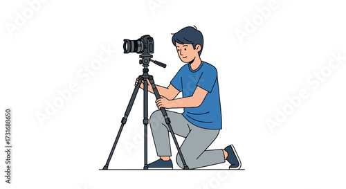 A young photographer preparing his camera on a tripod for capturing images and artistic expressions with precision and focus for professional use