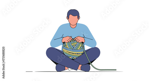 Illustration depicting a person knitting while sitting cross-legged for relaxation and creative expression visual art style
