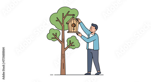 Man installing a handcrafted birdhouse onto a leafy tree, symbol of nature appreciation and wildlife support and outdoor improvement project