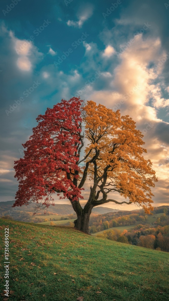 Fototapeta premium A solitary tree with half of its leaves in vibrant autumn red and the other half in golden yellow, standing on a hill against a cloudy sky